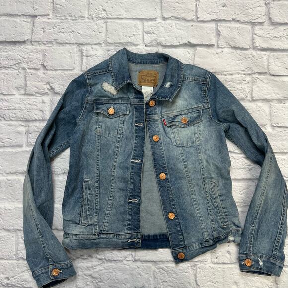 Levis Girls Youth Denim Jean Jacket Medium Wash Distressed Patches Size XL - Picture 1 of 4